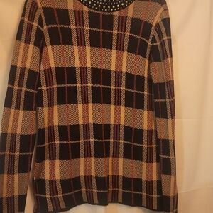 bebe Plaid Crewneck Sweater in Black and Cream with Red Accents